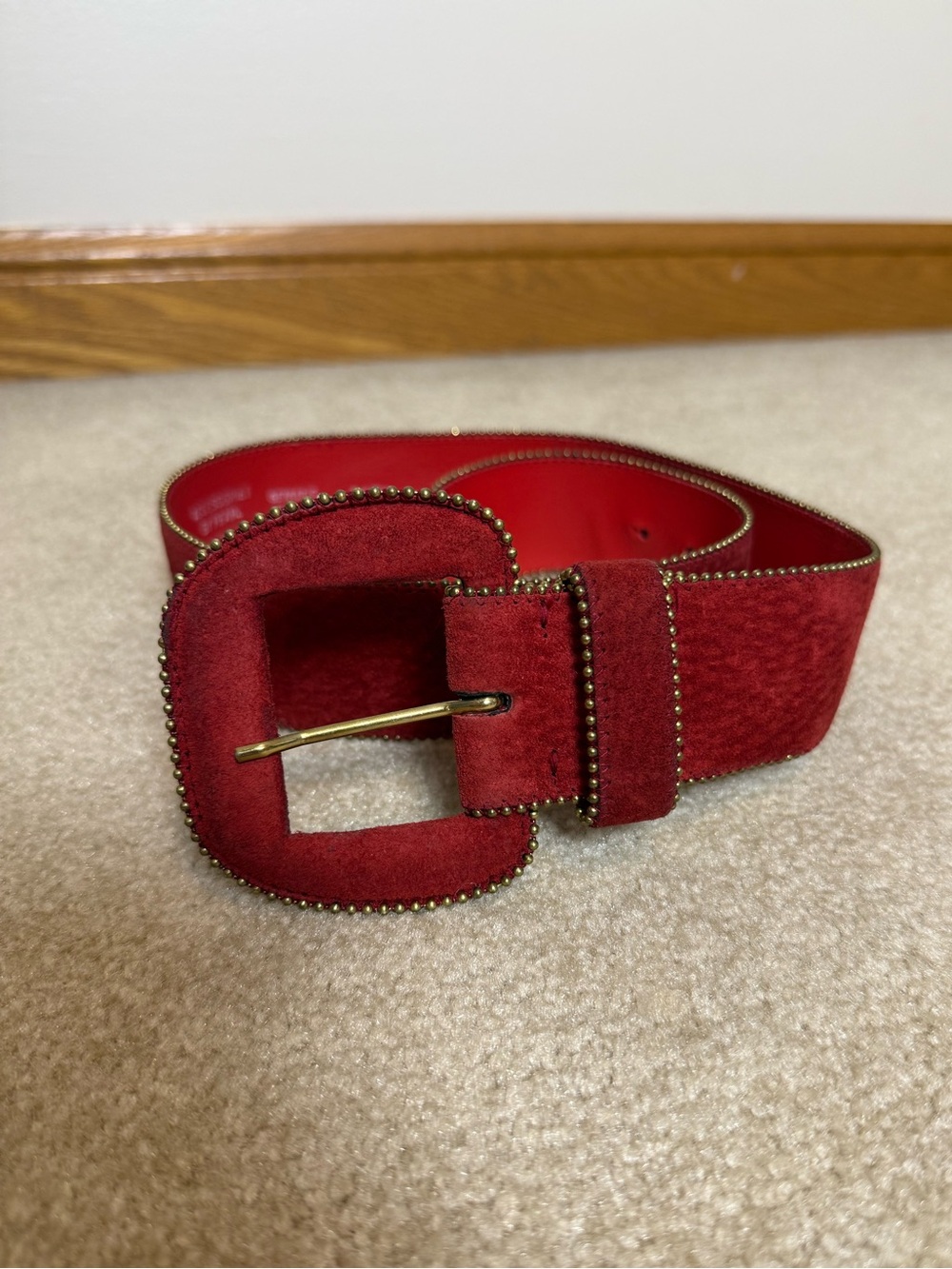 Red suede vintage statement belt accessories by pearl studded detail